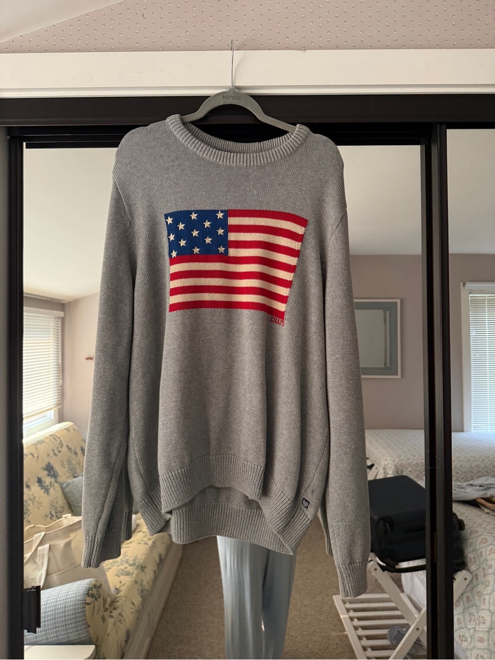 Chaps Gray Crewneck Sweater with American Flag Intarsia